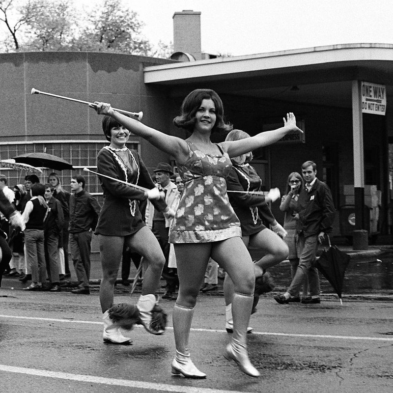 Band Festival parade marching past the Greyhound station, circa 1960s