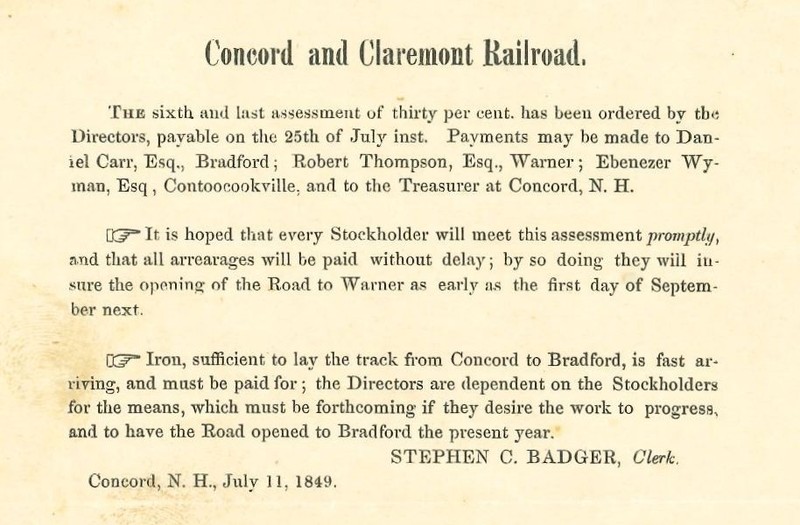 Image of 1849 assessment on Concord and Claremont Railroad investors requesting payment of 30% assessment.  