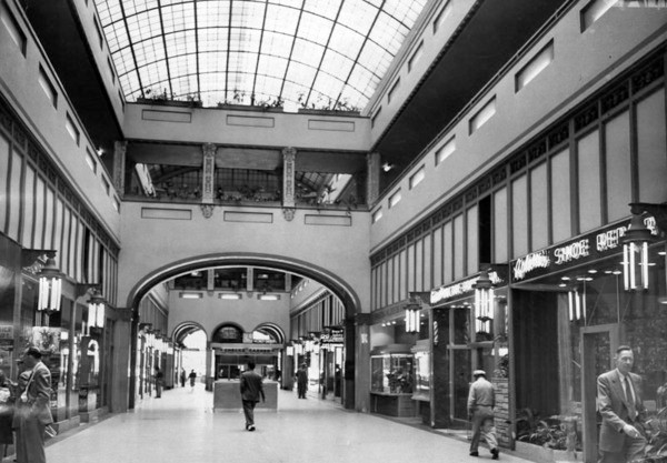 A Black and white shot of the inside of the Arcade.