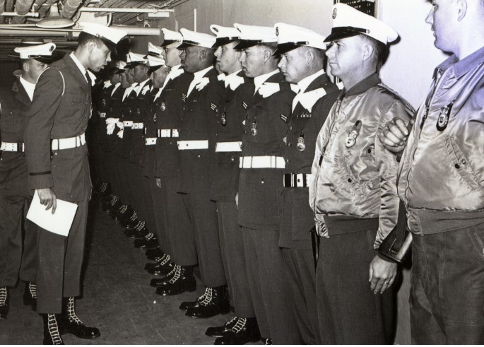 Photograph of an inspection of Air Force personnel at Truax Field in Wisconsin.