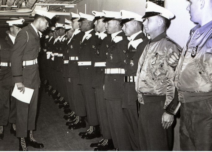 Photograph of an inspection of Air Force personnel at Truax Field in Wisconsin. 