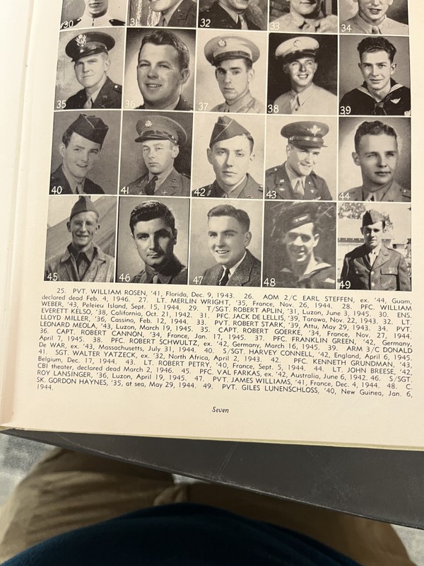 Photo by Author, Val Paul Farkas is pictured as number 45 in a tribute made by the Waukesha High School year book to students who died during the war.
