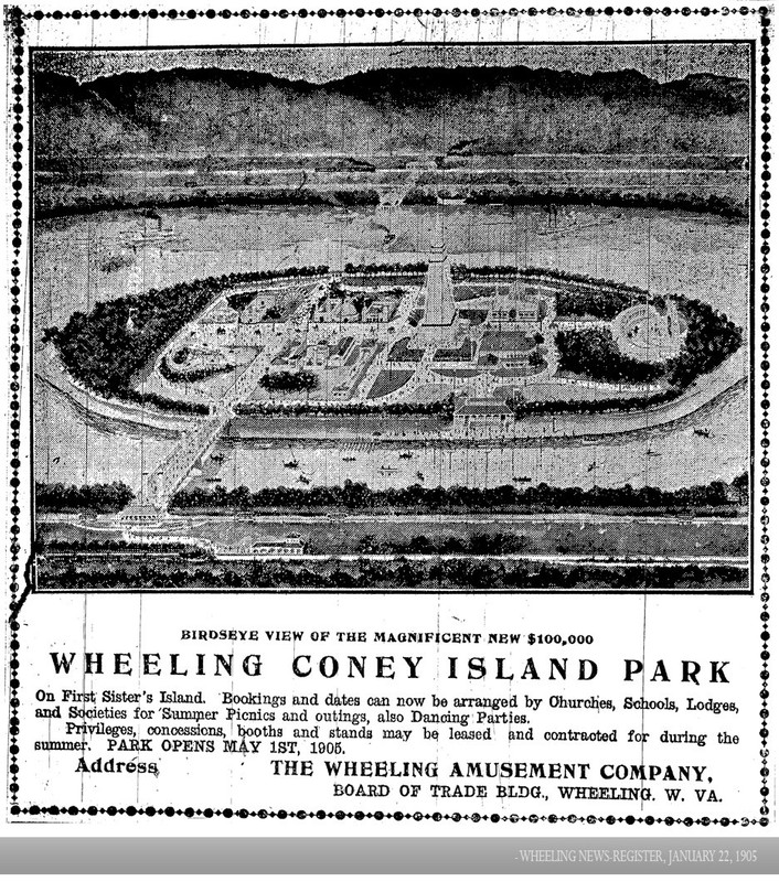 Concept drawing of Wheeling Coney Island Park as it appeared in the Wheeling News-Register, 2 January 1905, courtesy of the Ohio County Public Library