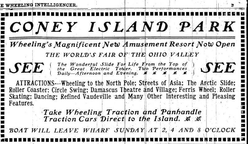 Advertisement for Coney Island in the Wheeling Intelligencer, 10 June 1905, courtesy of the Ohio County Public Library