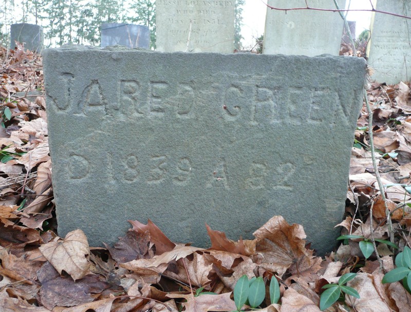 The tombstone of Jared Green, who died in 1839 at the age of 82, at the Amawalk Friends Meeting House Cemetery.