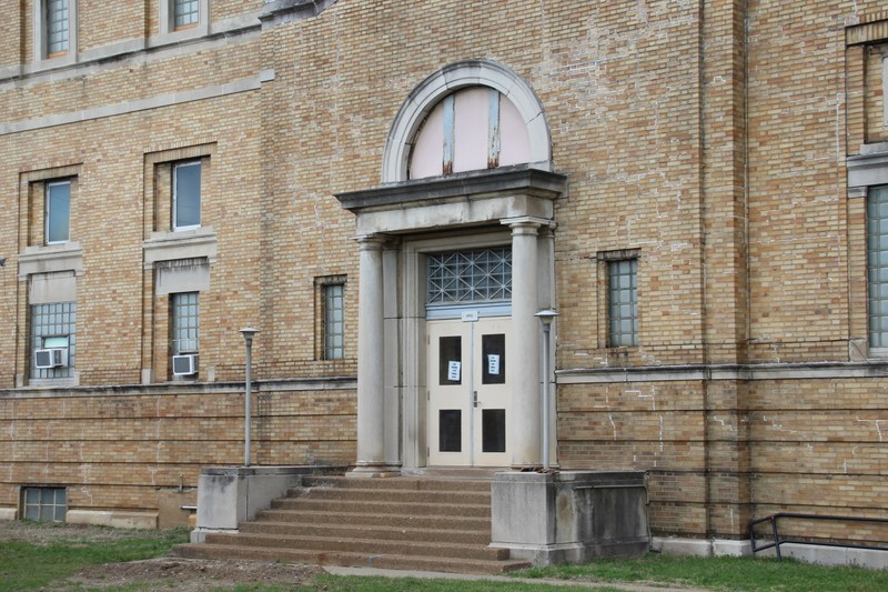 Up close shot of the filtration station front entrance (slated for demolition in 2017). Facing NW, taken Feb 2017, photo courtesy of Christina Rieth 