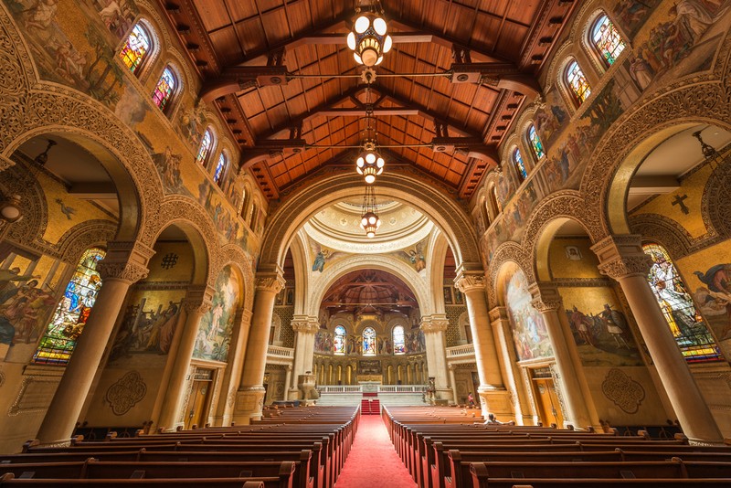 A view of the church's nave looking toward the chancel.  