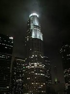 A shot of the tower lit up at night time.