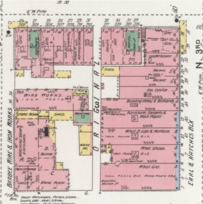 Bowling alley and billiards in Spring, Emerson & Co. Building in 1899 (14 N. Third St.; Sanborn Map Company p. 14)