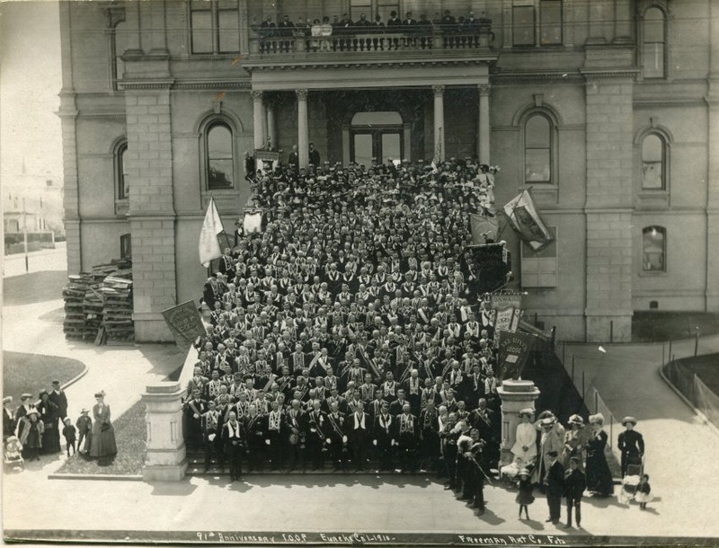 On the 91st anniversary of the founding of the IOOF in the U.S., members of eleven different chapters posed for a photograph on the steps of the Eureka Courthouse