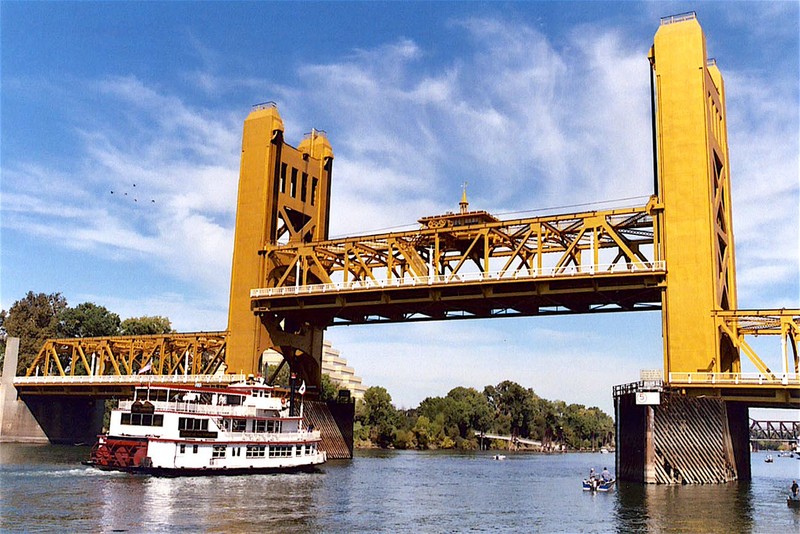 The span's bridge deck in the raised position to allow river traffic to pass beneath.  