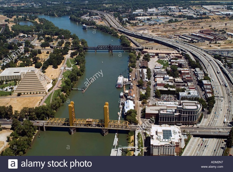 An aerial shot of the Tower Bridge, Sacramento River and the state capital.