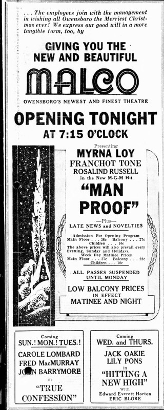 Advertisement for opening the new Malco Theatre, December 24, 1937