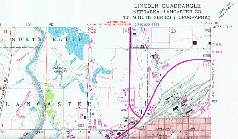 A map depicting Arrow Airport's location in Havelock, Nebraska, on the outskirts of Lincoln. 