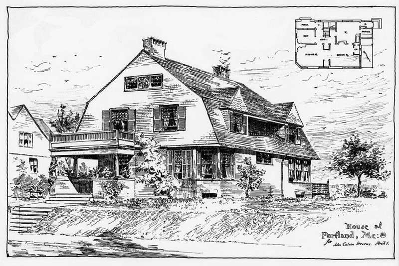 Perspective drawing of John Calvin Stevens House, 52 Bowdoin Street, Portland, Maine (1883-84), John Calvin Stevens, architect. Published in: Albert Winslow Cobb and John Calvin Stevens, Examples of American Domestic Architecture (1889), plate VII.