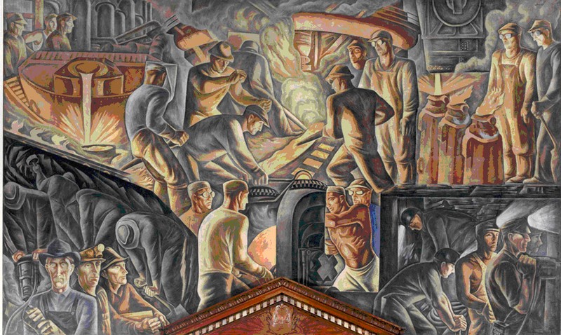 A close-up of the Howard Cook mural entitled "Pittsburgh Panorama."  