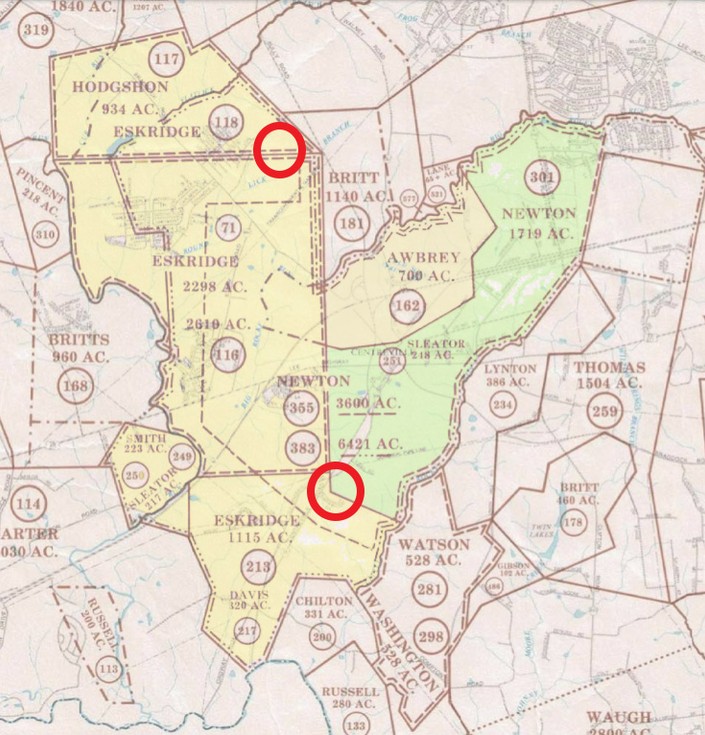 Newton's 6000 acres of land. Red circles identify point P (lower circle) and the location of the Sully Government Center where the stone can now be seen.