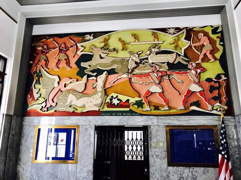 "Valley of the Seven Hills," painted wood relief mural by Ryah Ludins (1943)