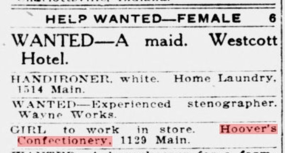 Help wanted ad for a "girl to work in store" of Hoover Confectionery in 1921 (Richmond Palladium, 6-10-1921, p. 13)