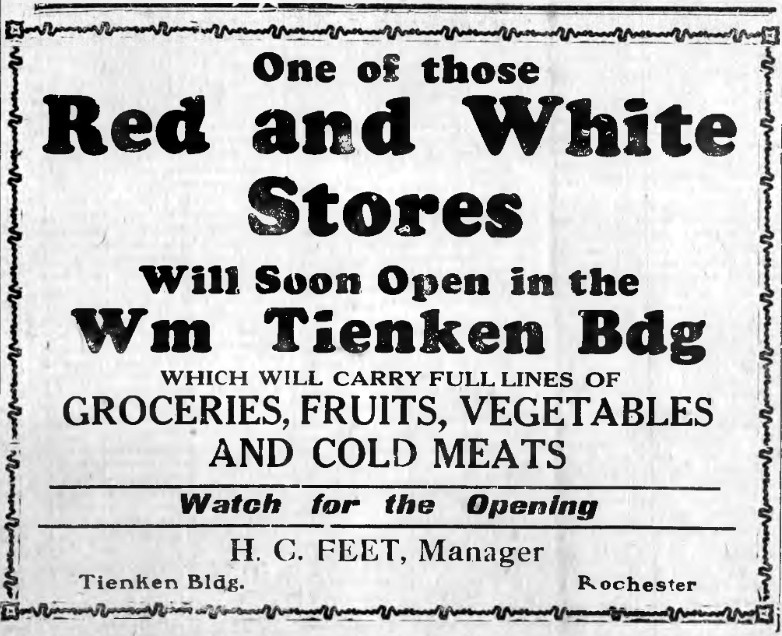 Newspaper announcement of opening of Red and White grocery in the William Tienken Building, 1932