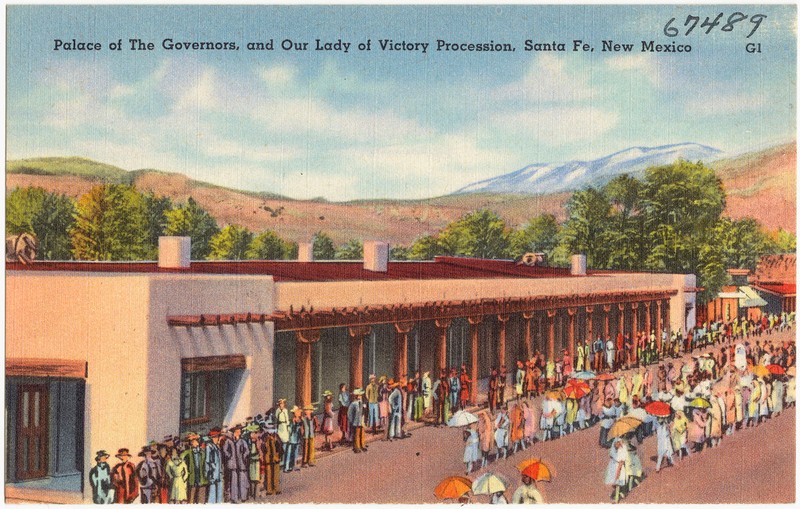 The Palace of the Governors in Santa Fe, seen here in a 1930s postcard, was besieged by the Pueblo in August 1680