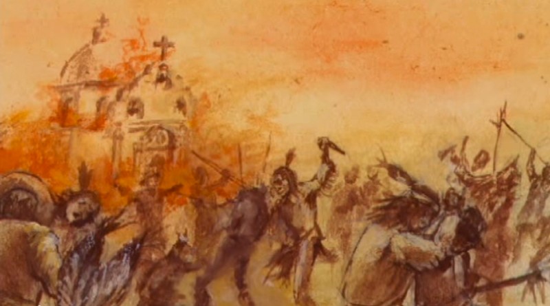 Rendition of the Pueblo Revolt when it came to Albuquerque. In the background may be the San Felipe de Neri Church