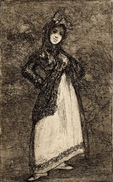 Standing Woman Wearing a Mantilla (Maja), c 1827-8, posthumous pre1859 impression, Francisco de Goya (1746-1828), Etching and aquatint. Courtesy British Museum (loan to New Mexico Museum of Art)