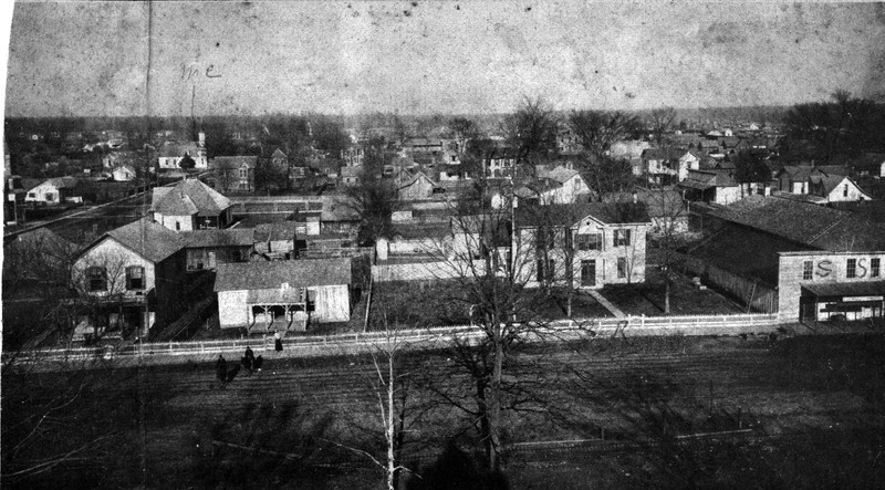 A picture of the Sheeks House and the Sheeks-Stephens Store taken from the courthouse tower.