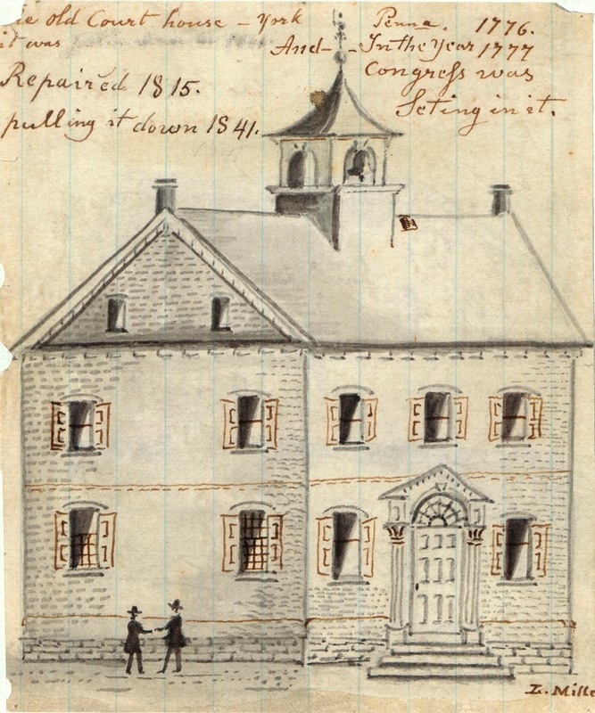 Sketch of the original courthouse by folk artist, Lewis Miller. Was located at the intersection of Market Street and George Street--the Center Square.