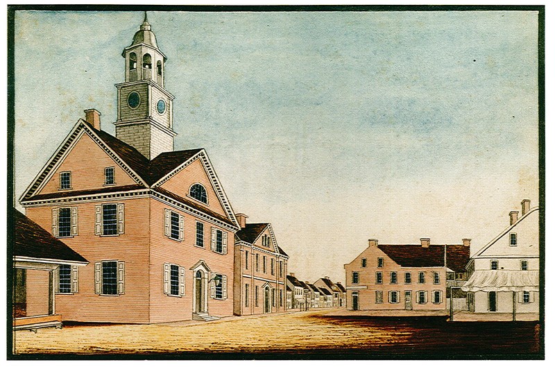 1830 painting by local artist, William Wagner, reflecting the 1815 renovation. Original location in Centre Square at the intersection of Market Street and George Street.