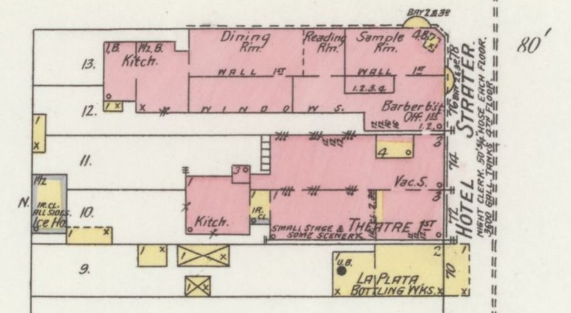 Hotel Strater (in red for brick) on 1898 Sanborn Fire Insurance Map of Durango (Sanborn Map Company)