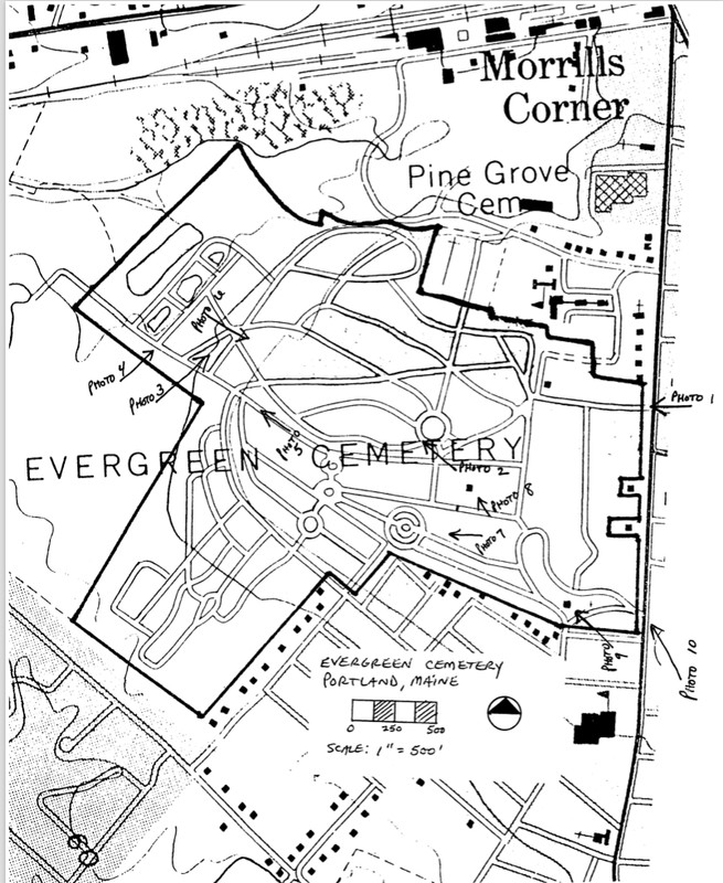 A drawn map of the cemetery, listed by the NPS with the cemetery's NRHP nomination