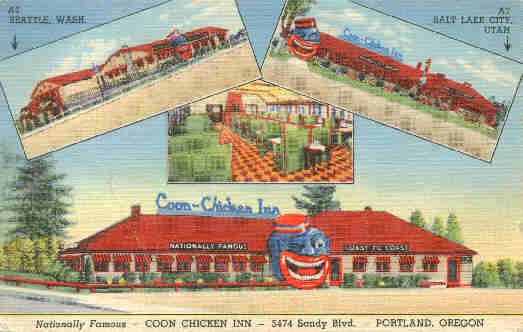 Postcard from Portland's Coon Chicken Inn with the company's restaurants in Seattle and Salt Lake in the background