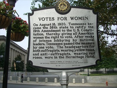 This nearby historical marker relates the dramatic final vote on ratification in the Tennessee legislature where advocates of suffrage and opponents wore different colored roses on their lapels to signify their position. 