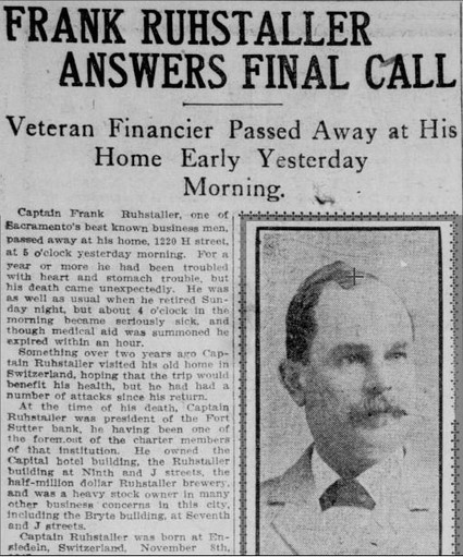 An excerpt from Ruhstaller's obituary in the Sacramento Union in 1907. He was known as "Captain" Ruhstaller due to his service in the California Hussars, a National Guard unit from the 19th Century. Ruhstaller was also an accomplished marksman.