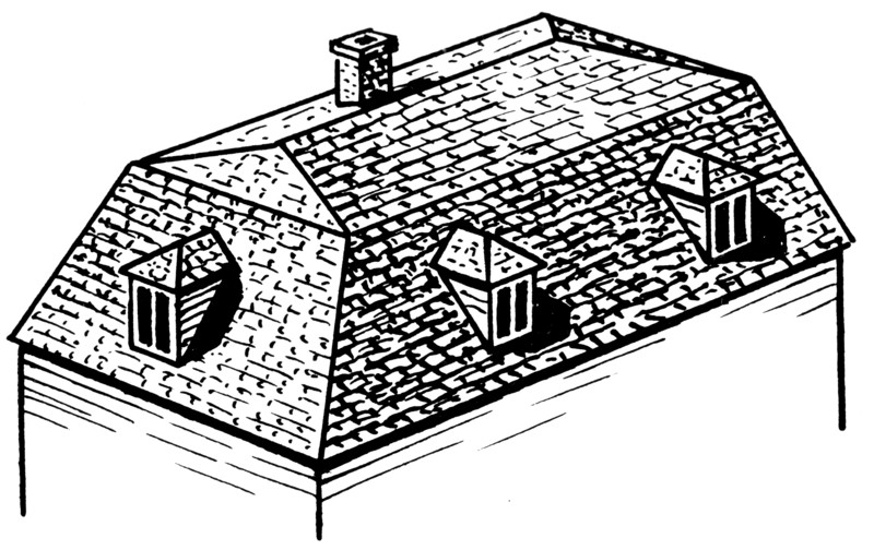 Generic illustration of a Mansard roof, one of Goodell's trademarks. All four of his surviving homes in downtown Sacramento, including the Heilbron House, have variations of this roof style.