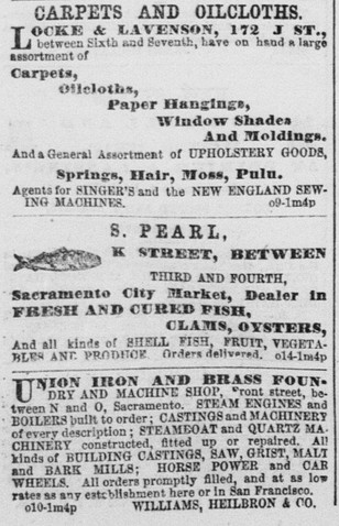Illustrating Heilbron's widespread investments is this Oct. 19, 1865 advert in the Sacramento Union for the Union Iron and Brass Foundry, of which he is also listed as a partner.
