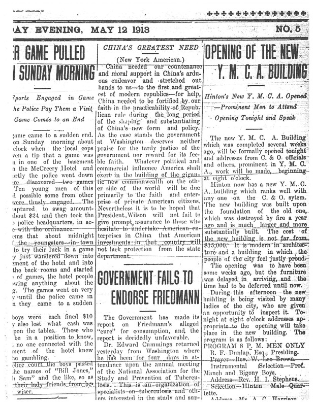 May 1913 newspaper article about the opening of the new YMCA building after the 1911 fire.