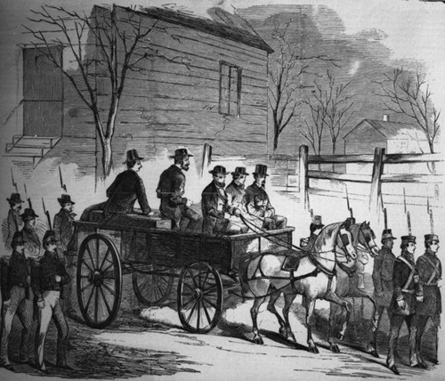 Sketch of John Brown riding on his coffin on the way to his execution 