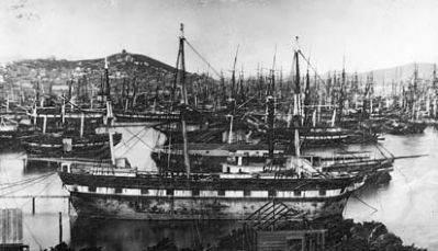 Abandoned sailing ships in Yerba Buena Cove (San Francisco), circa 1850