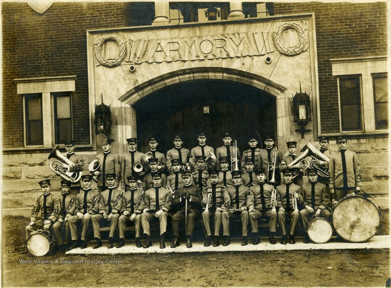 Corps of Cadets Band in front of the now demolished WVU Armory. As director, Mestrezat appears front and center.