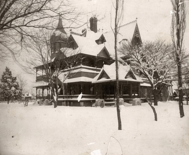 Earliest known photo of the Stark House, taken during the February snowstorm of 1895.