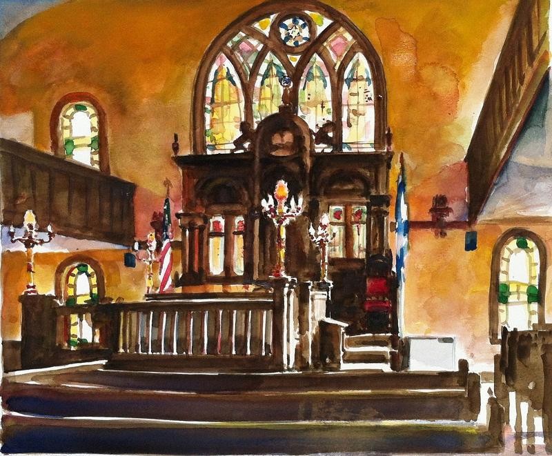 A painting of the interior of Etz Chaim by artist Rush Brown, provided by the Etz Chaim Official Facebook Page