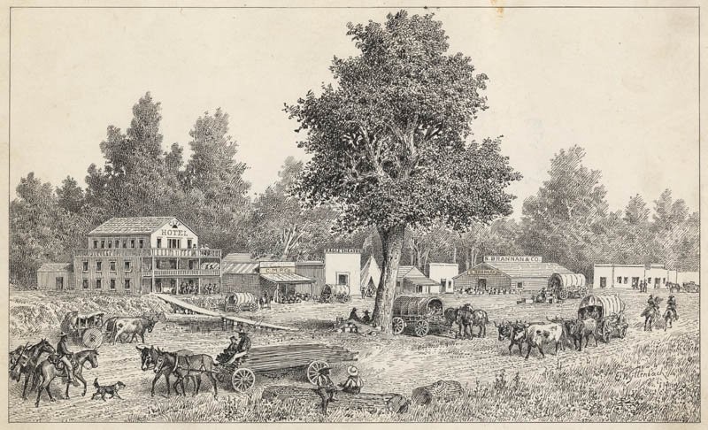 An early view of the busy Sacramento waterfront. The Eagle Theatre is just to the left of the large tree in the center of Swiss-born artist Emanuel Wyttenbach's drawing.