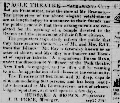 One of the Eagle Theatre's earliest advertisements, proclaiming its many comforts and features. Reality proved louder and seedier, given the theatre's proximity to a gambling house and saloon.