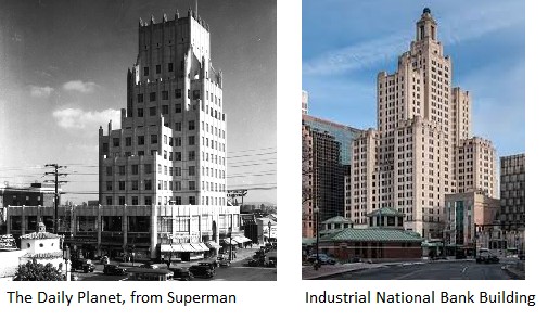 Comparison between the "Daily Planet" as seen on Superman and the Industrial National Bank Building.