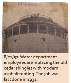 1957 photograph and newspaper clipping of the Standpipe, under repair, provided by bangorwater.org