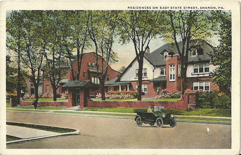 Postcard view of the Minnie Bachman and Kranz Mansions on East State Street in Sharon PA