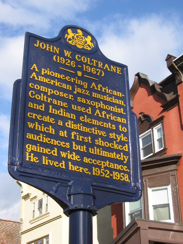 The historical marker placed in front of Trane's former home after it was designated a National Historic Landmark in 1999.  