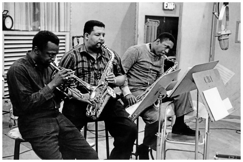 From left to right, Miles Davis, "Cannonball" Adderley, and John Coltrane in the recording studio...not a bad jazz trio. 